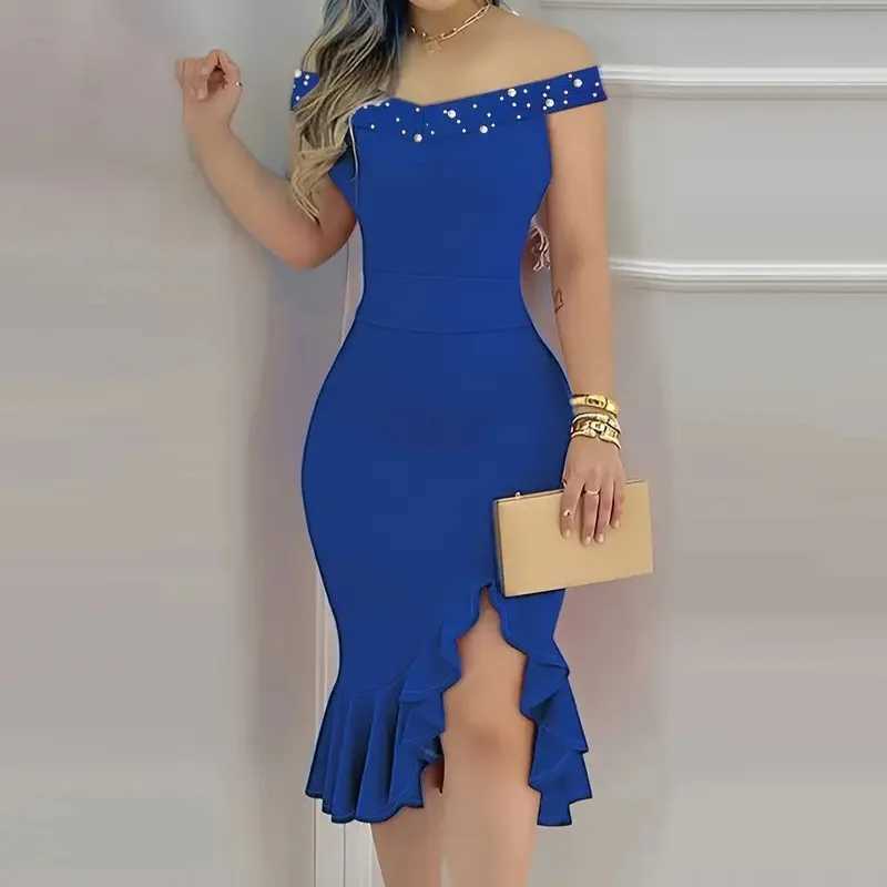 Womens Dresses New Summer Fashion Beaded Off Shoulder Ruffles Slit Hem Elegant Plain Short Sleeve Skinny Midi Party Dress XJ250610