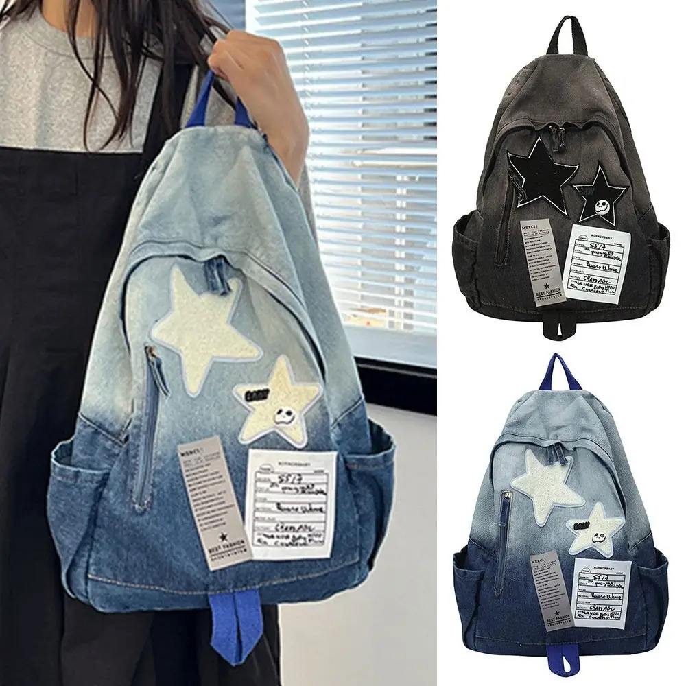 Fashion Large Capacity Denim Star Backpack Y2K All Match Double Shoulder Bag Unisex Star Pattern Students Backpack Outdoor 250606