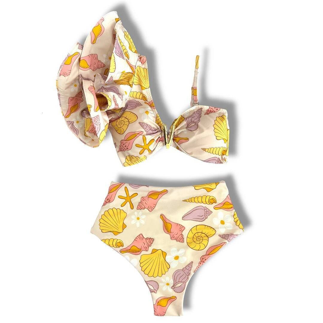 Sporlike V-Neck High Waist Bikini Sets Shoulder Ruffled Sexy Printed Swimsuit Two Pieces Swimwear Women 2025 Bathing Suits