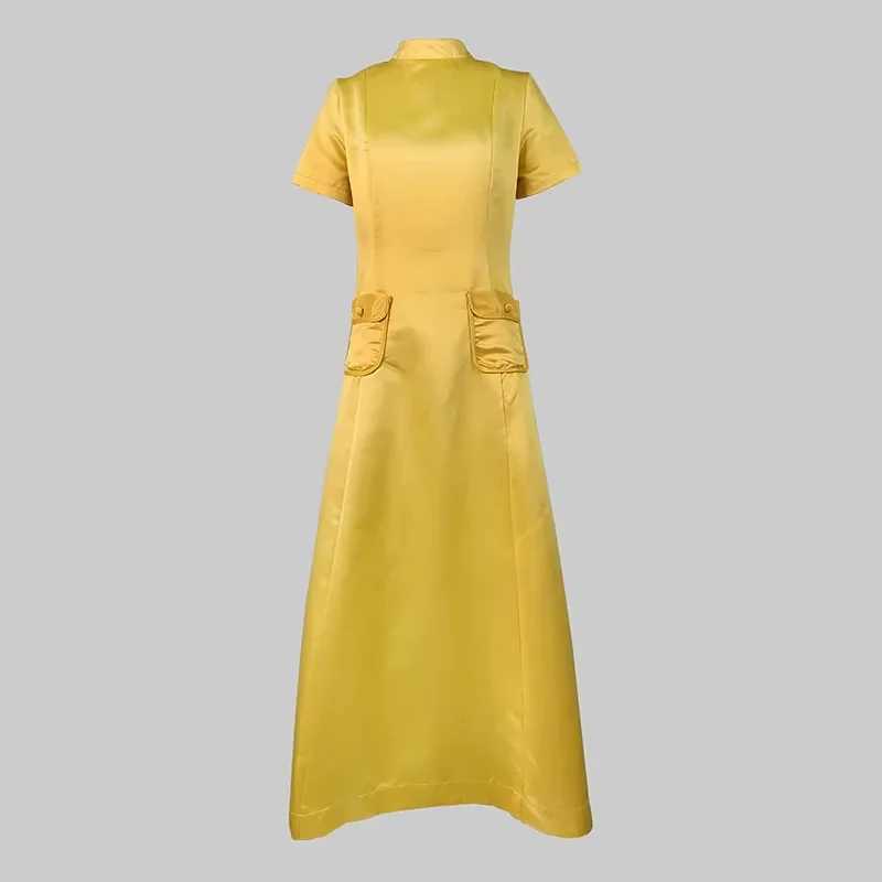 Elegant Party Evening Maxi Dresses for Women 2024 New Summer Short Sleeves Pockets Solid Color Round-Neck A-Line Dress XJ250610