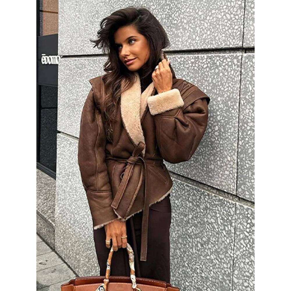 Suede Lace-Up Jacket Coat French Retro Brown Women Leather Jackets With Belt Waist Cinching Slim Fit Winter Overcoat