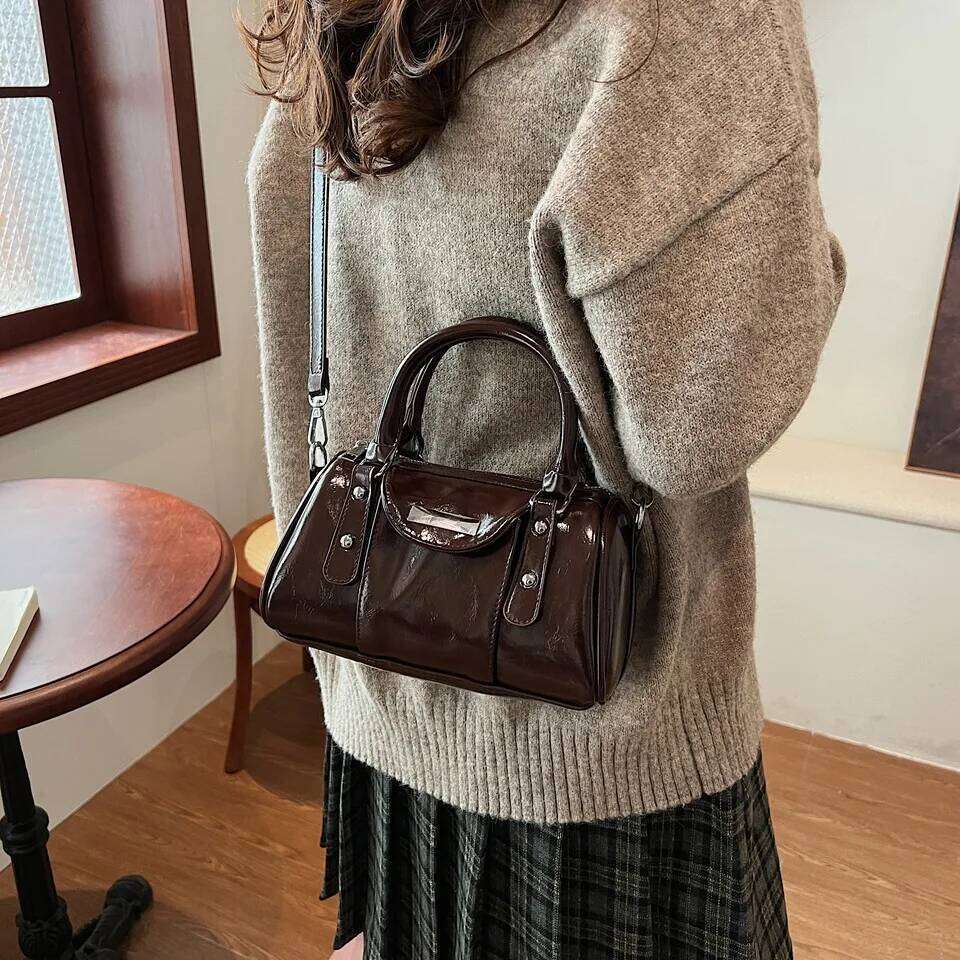 Mini Top-Handle For Women Bright Oil PU Leather Pure Color Shoulder Crossbody Bags 2025 Latest Designer Handbag Sac