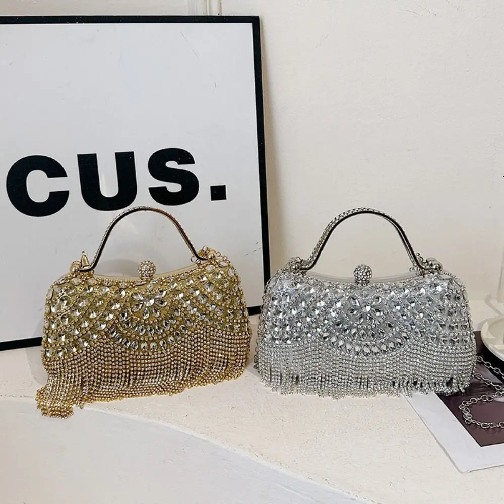 Metal Top Handle Tassel Evening Banquet Bag Glitter Wrist Bag Box Handbag Large Capacity Rhinestone Ladies Clutch Bag Women 250606