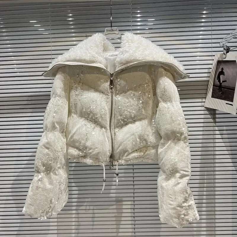 Autumn Winter Women Cotton-padded Coat Fleece Navy Collar Shiny Sequins Veet Short Parkas Casual Loose Female Wadded Jackets