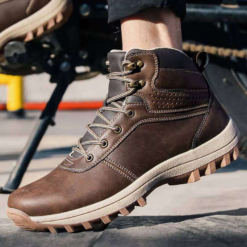 Outdoor Leather Motorcycle High Top Shoes Anti-slip Out Sole Hiking Boots Big Size Sneakers for Men
