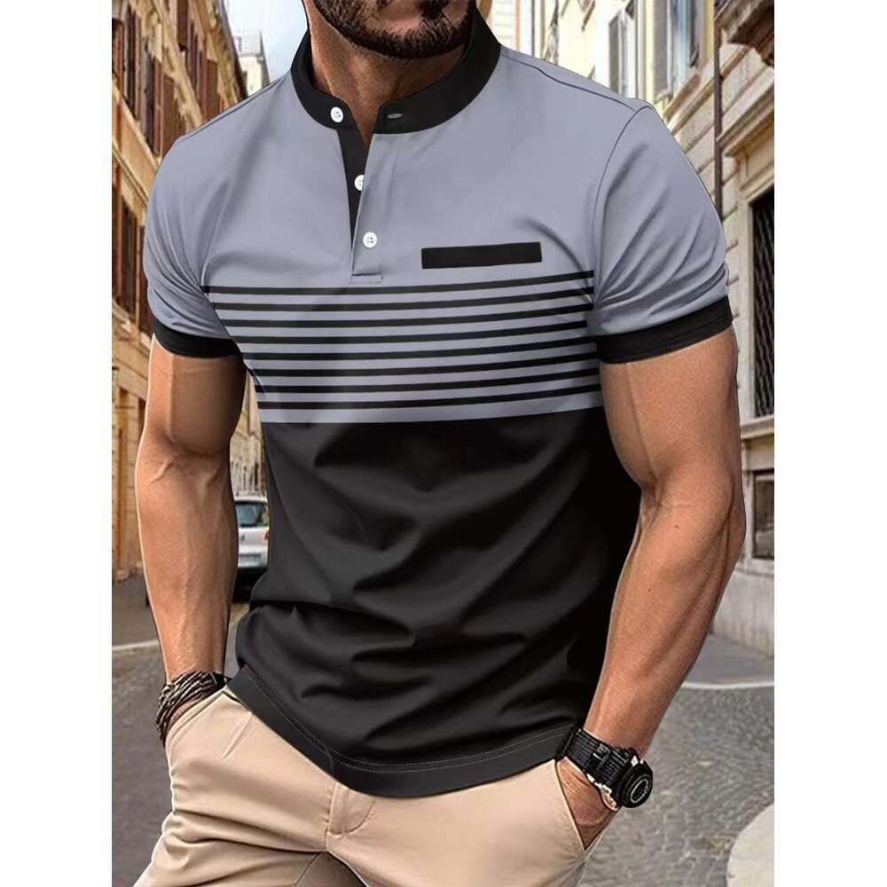 Summer New Fashion Striped Stand Collar Short Sleeve Polo Men's Golf Henley Shirt B5