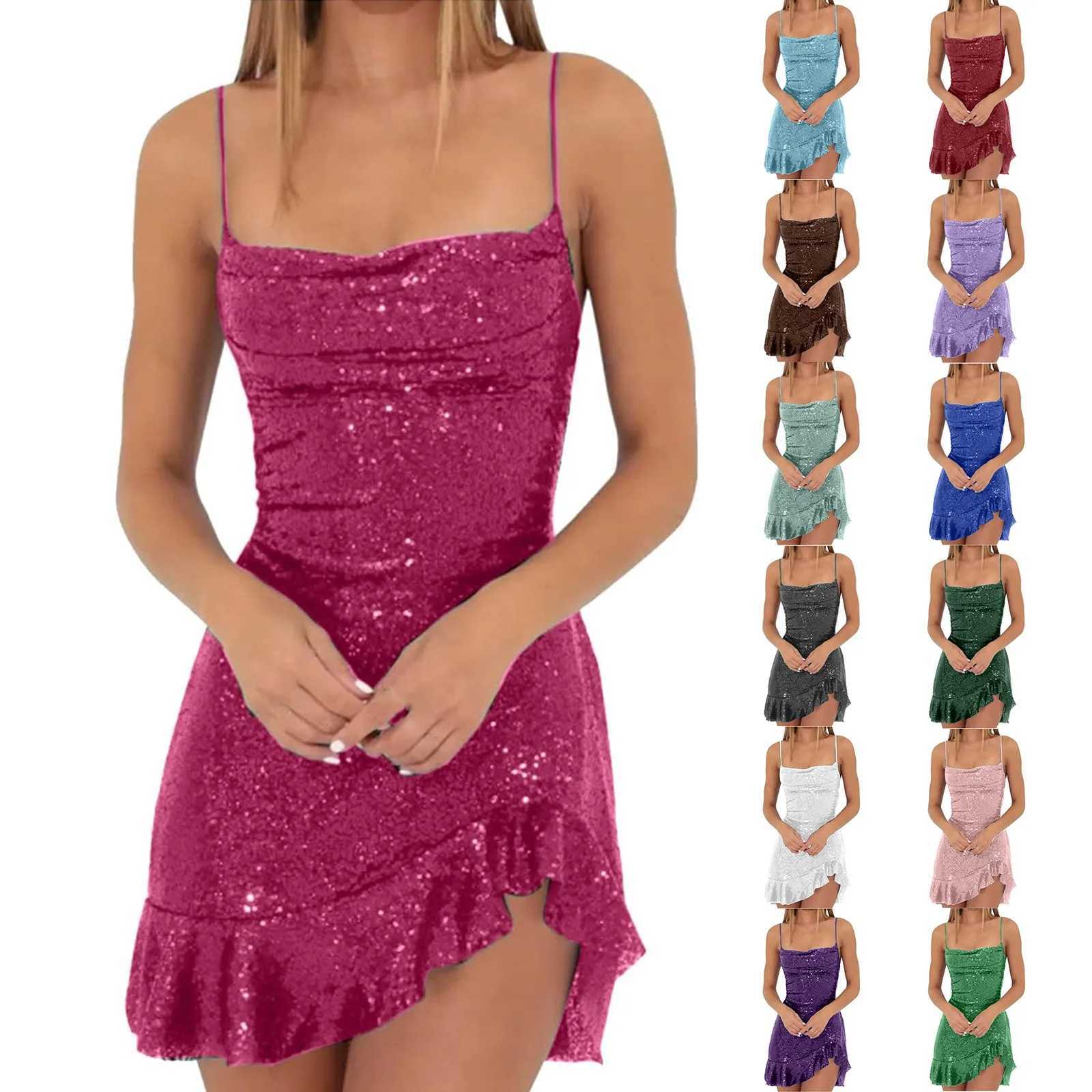 Sexy Slim Fitting Fashion Solid Color Sequin Back Cross Tie Ruffle Edge Sleeveless Suspender Irregular Hem Pleated Party Dress XJ250610