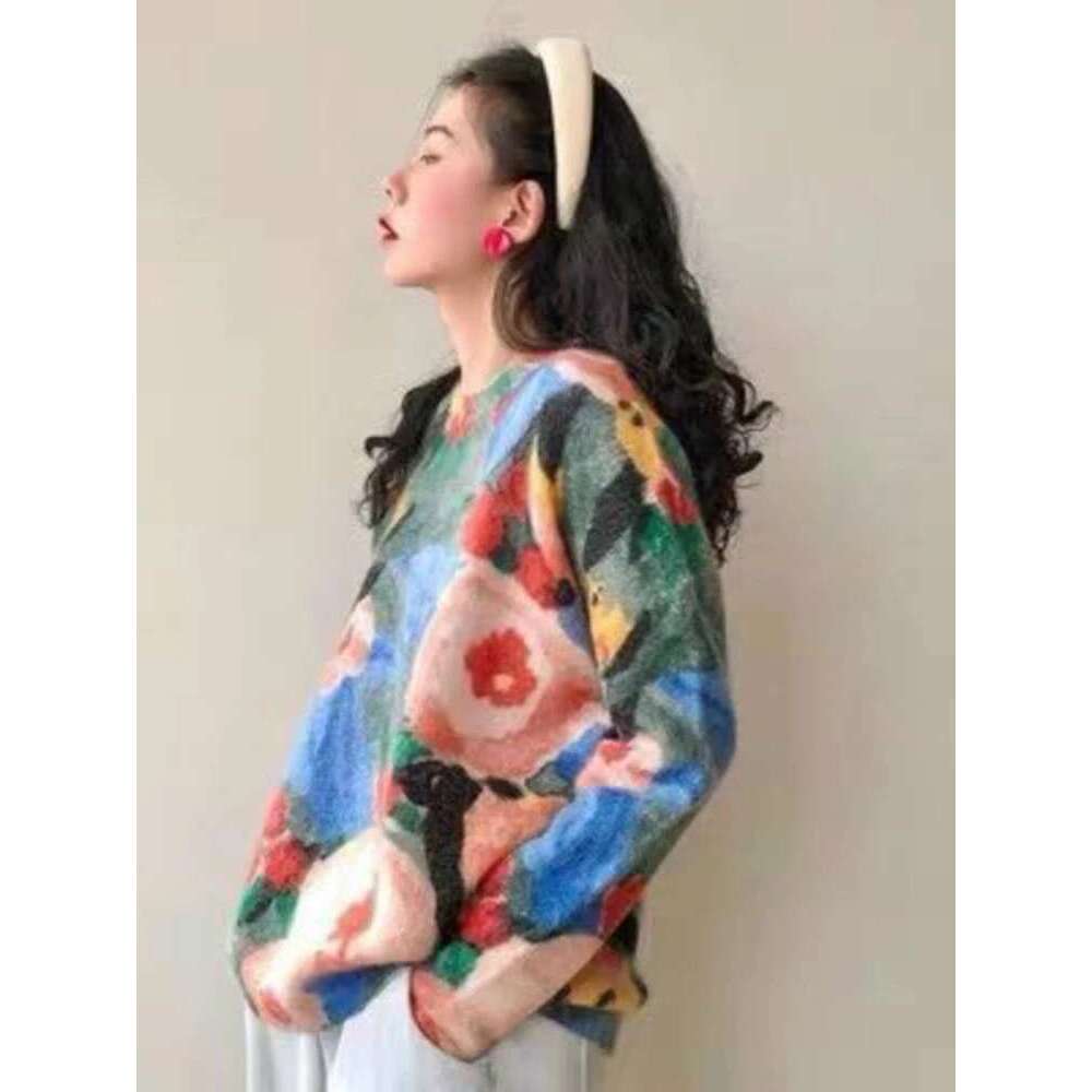 Lazy Style Sweaters Long Sleeve Contrast Color Jacquard Fashion Vintage All Match Pullovers Loose Aesthetics Women Clothing 2024