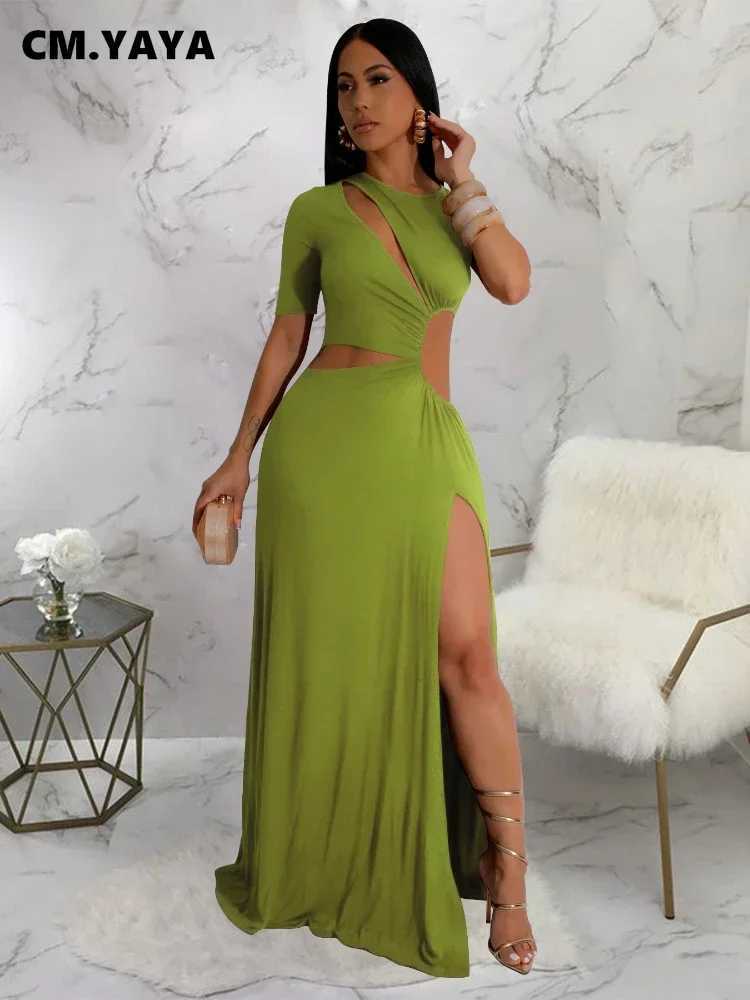 CM.YAYA Women O-neck High Split Ruched Bodycon Midi Maxi Dress 2024 Fall Street Evening Party Club Sexy Long Dresses XJ250610