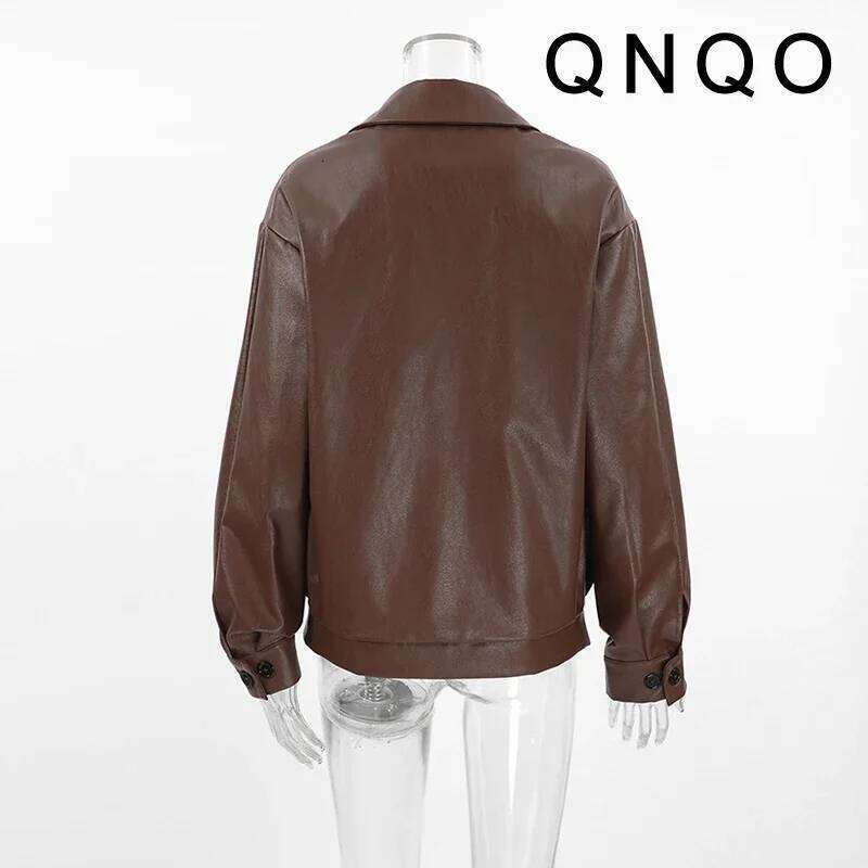 QNQO Faux Leather Jackets for Women Vintage Turn-down Collar Double-Breasted Coat Autumn Winter Fashion Female Loose Outerwear