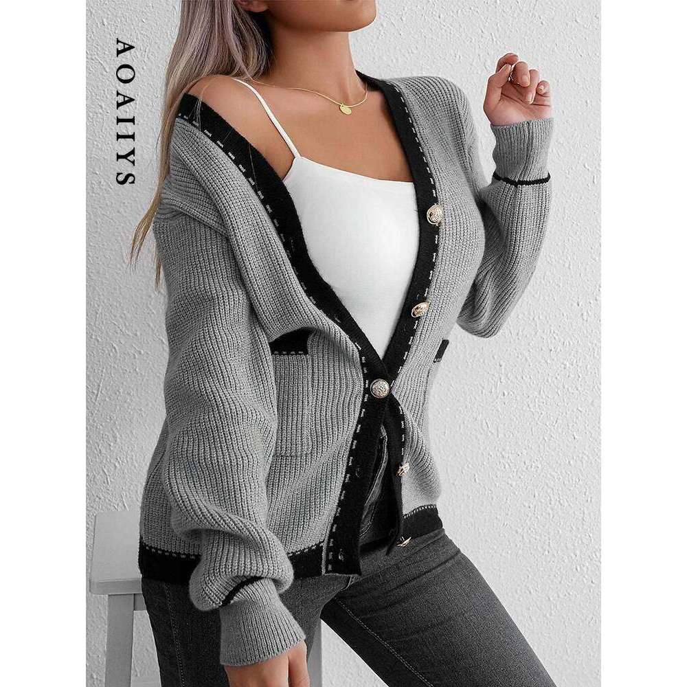 Aoaiiys Knitted Cardigan Women Sweater Contrast Color Single Breasted V-neck Long Sleeve Coat Autumn Winter Fashion Cardigans