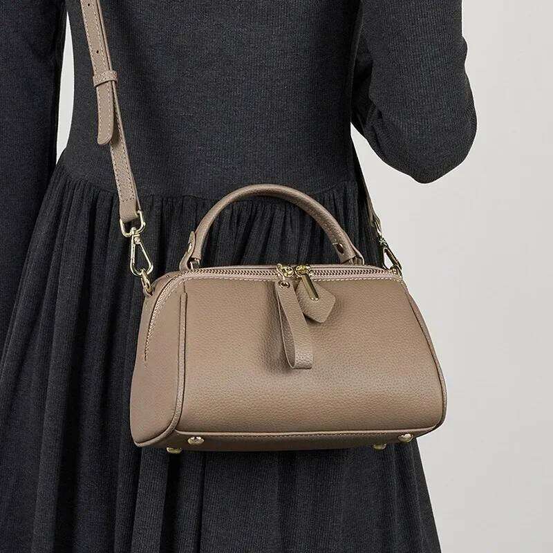 Genuine Leather Ladies' 2024 New Retro Simple Classic Boston Handbag Cowhide Diagonal Shoulder Bag