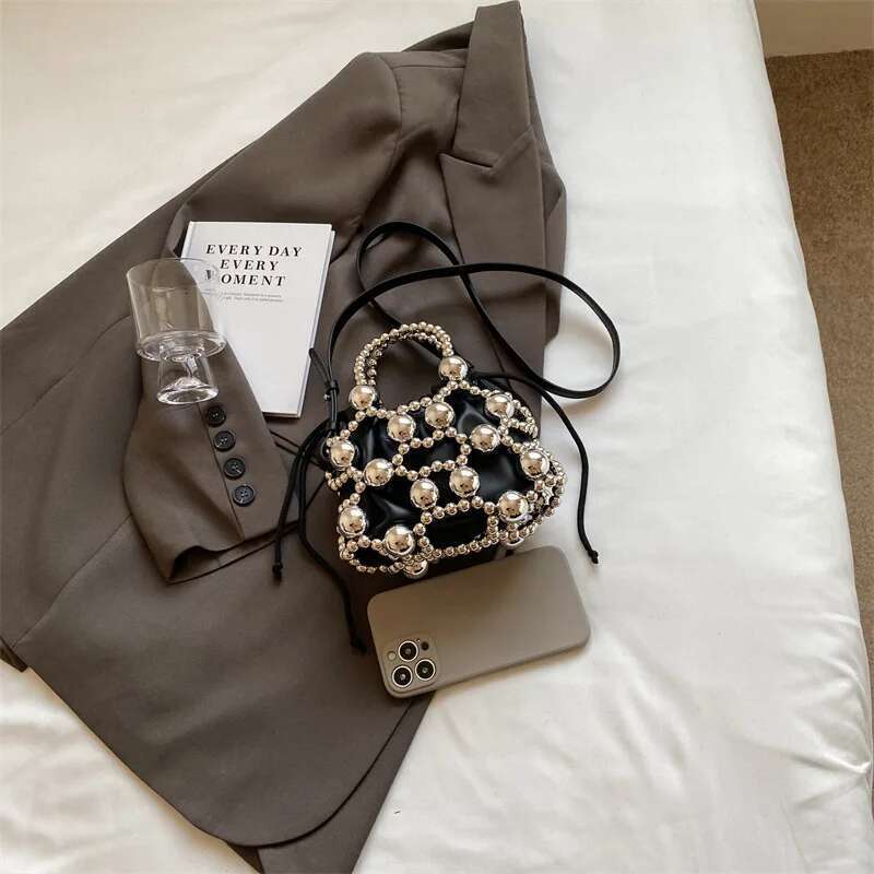 Beaded Handbags Hollow Woven Pearls Bags For Women Fashion Drawstring Shoulder Lady Evening Bag Party Wedding Clutch