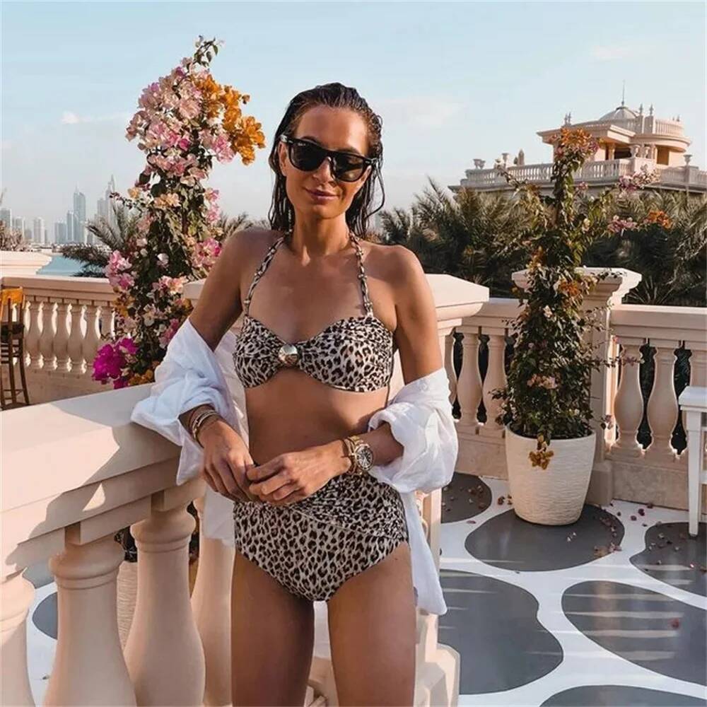 Leopard Floral Printed Swimwear With Cover Sexy Bikinis Woman Swimsuit Hollowen Push Up Swim Suit Female Beach Outfits