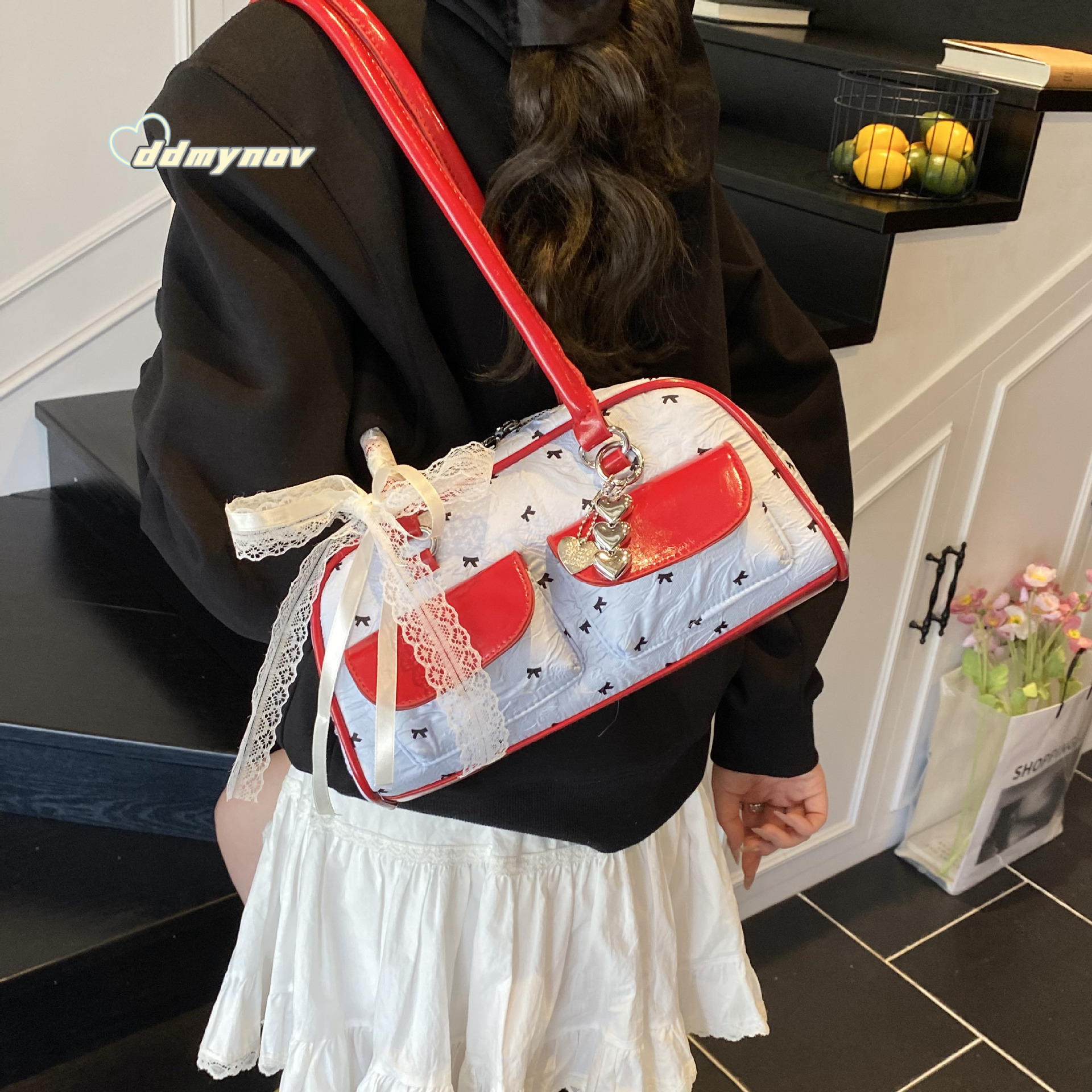 Korean Niche Bowknot Underarm Ins Double Pocket Bowling Handbag Stylish Shoulder Bag ddmynov