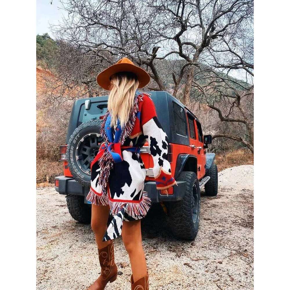 Hand-Made Jacquard Fringed Trims Long Sleeve Cardigan Winter Clothes Women