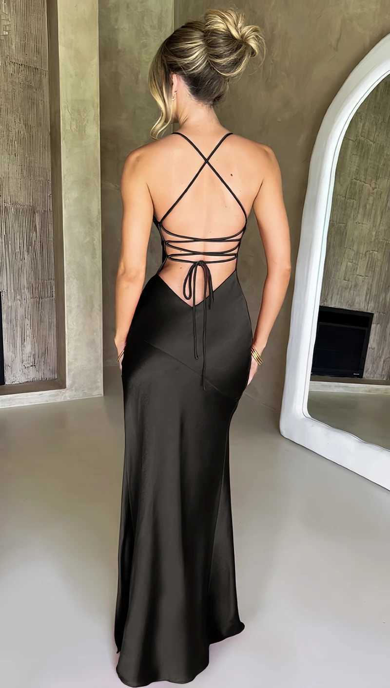 Summer new fashionable womens sexy V-neck camisole slit mid length dress satin elegant backless dance party evening dress XJ250610