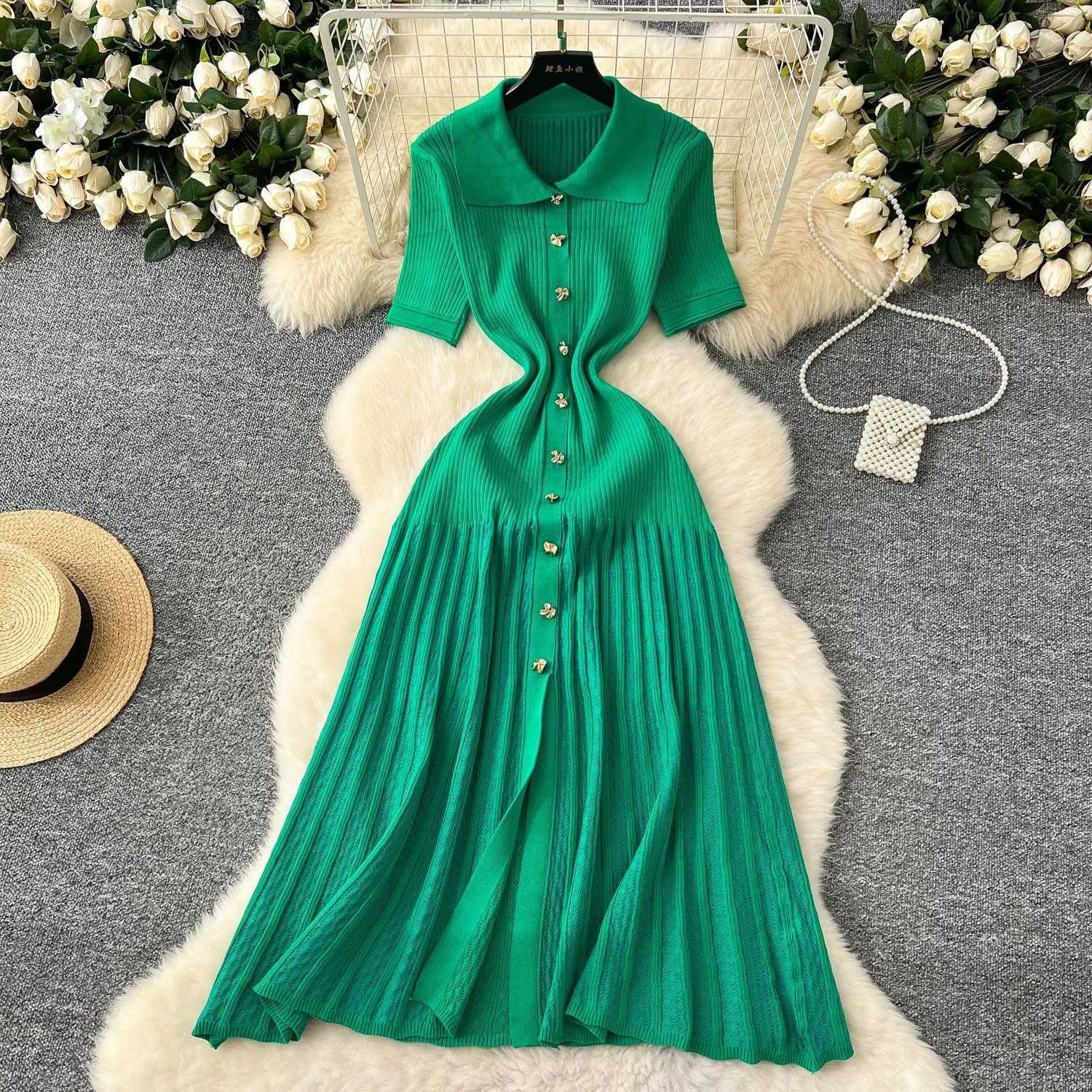 YuooMuoo Chic Fashion Elegant Patchwork Knitted Maxi Dress 2025 Summer Lady Turn-down Collar Shirt Sweater Dress Party Dresses XJ250610
