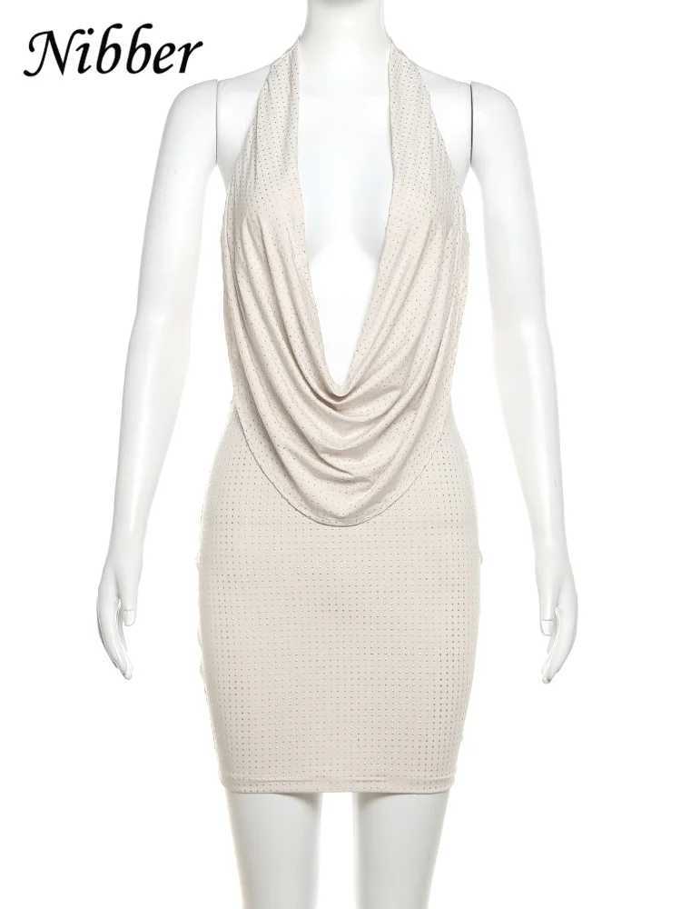 Nibber Diamond Pasted Solid Color Mini Dress Women Fashion Deep V-neck Strapless Dresses Female Trend Streetwear Clothing XJ250610