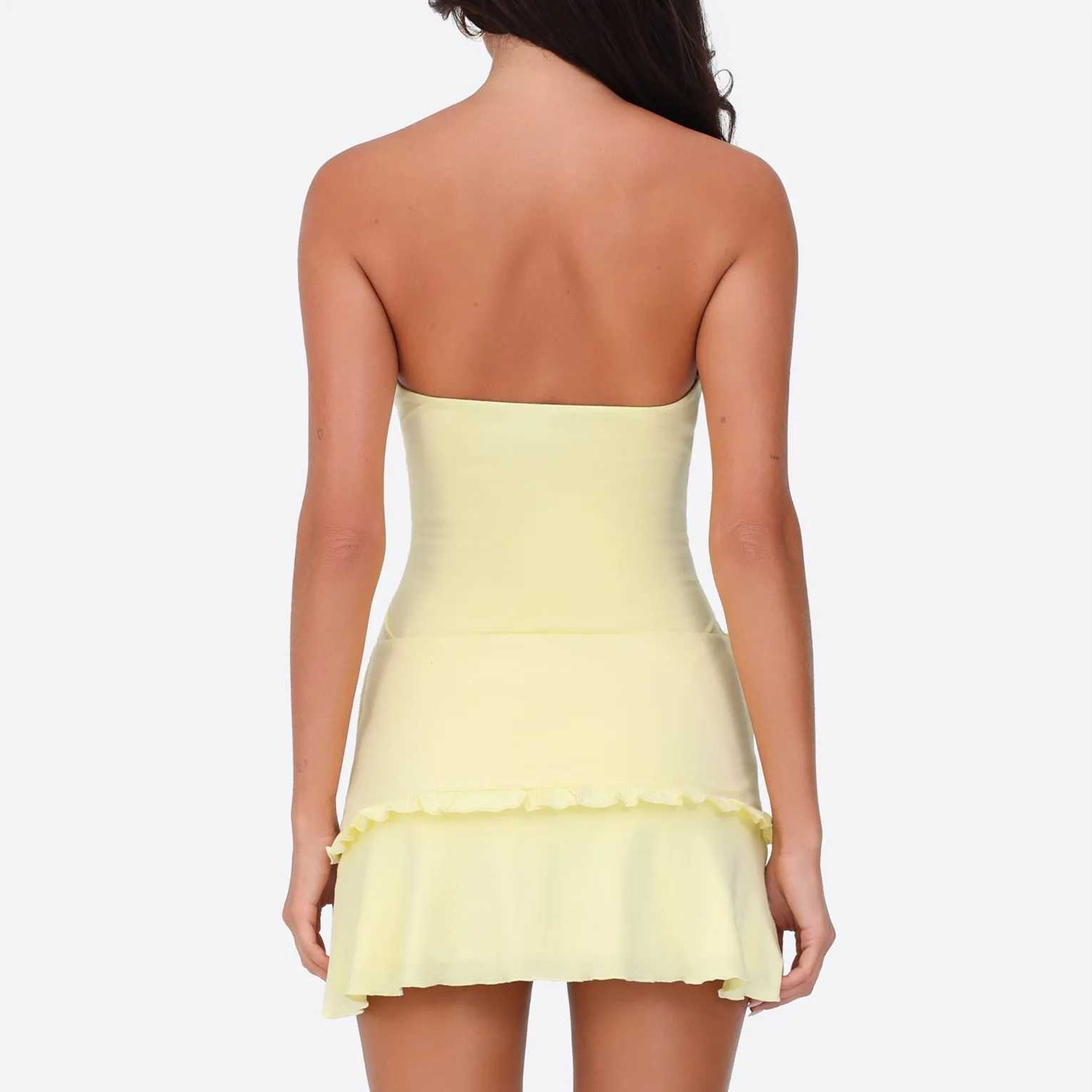 hirigin Women Y2K Frills Knotted Strapless Mini Dress Coquette Sleeveless Backless Off Shoulder Tube Bodycon Short Dress Party XJ250610