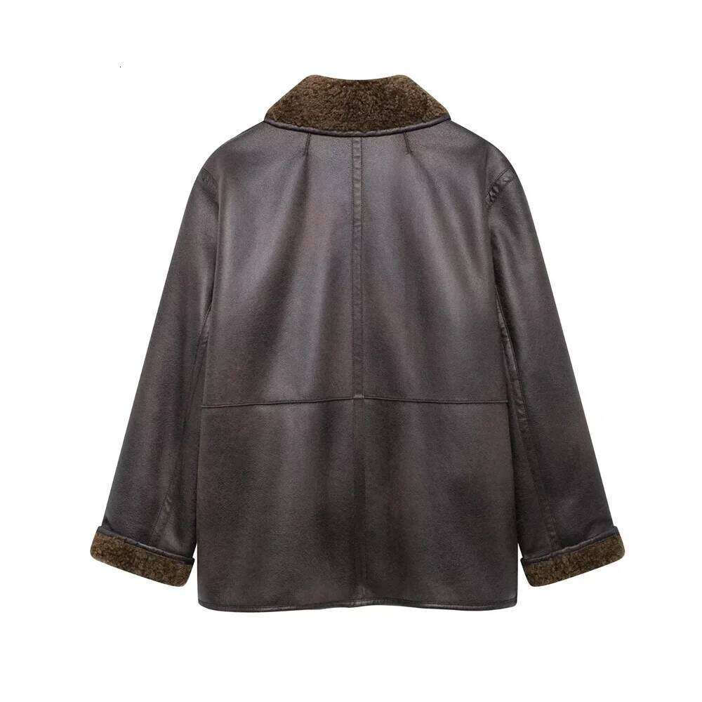TRAF2024 Autumn/Winter New Women's Wear High end Warm Leather Double sided Imitation Lamb Wool Loose Coat