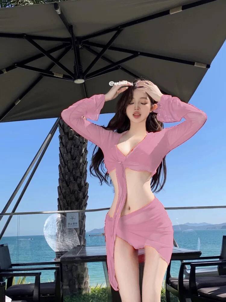 2025 New Bali Vacation Thailand Red Bikini Four Piece Set Slimming And Concealing Split Swimsuit For Women Looking White