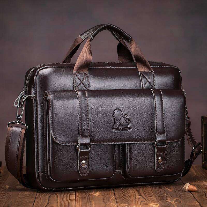 Men's Leather Briefcase, Vintage Cowhide Computer Double Front Large Bag Opening, Rear Lage Compartment Insert Bag,