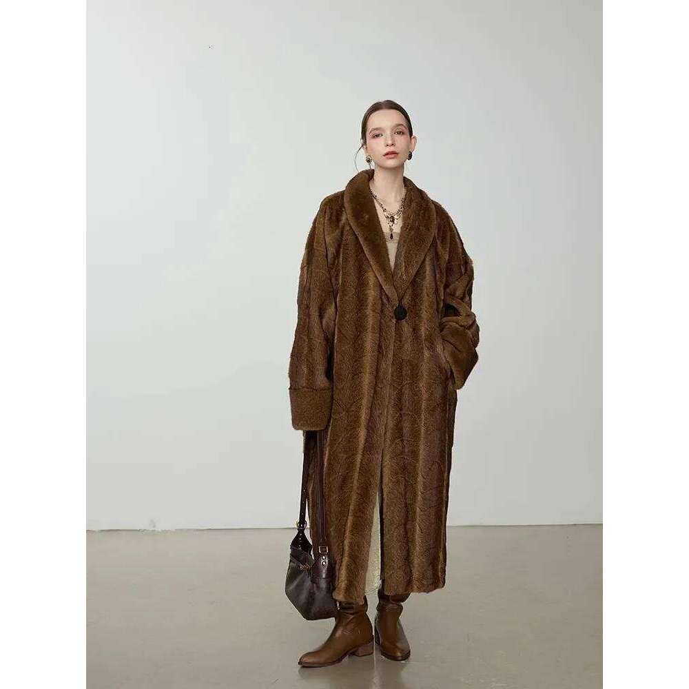 Lautaro Autumn Winter Long Vintage Elegant Chic Thick Warm Soft Brown Fluffy Faux Mink Fur Coat Women Shawl Collar 2025