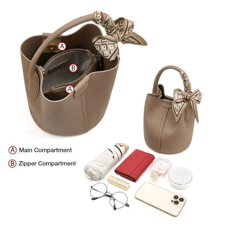 FOXER Women Shoulder Crossbody Handbag Lady Genuine Leather+ Microfiber Fashion Bucket Bag Gift for Lover