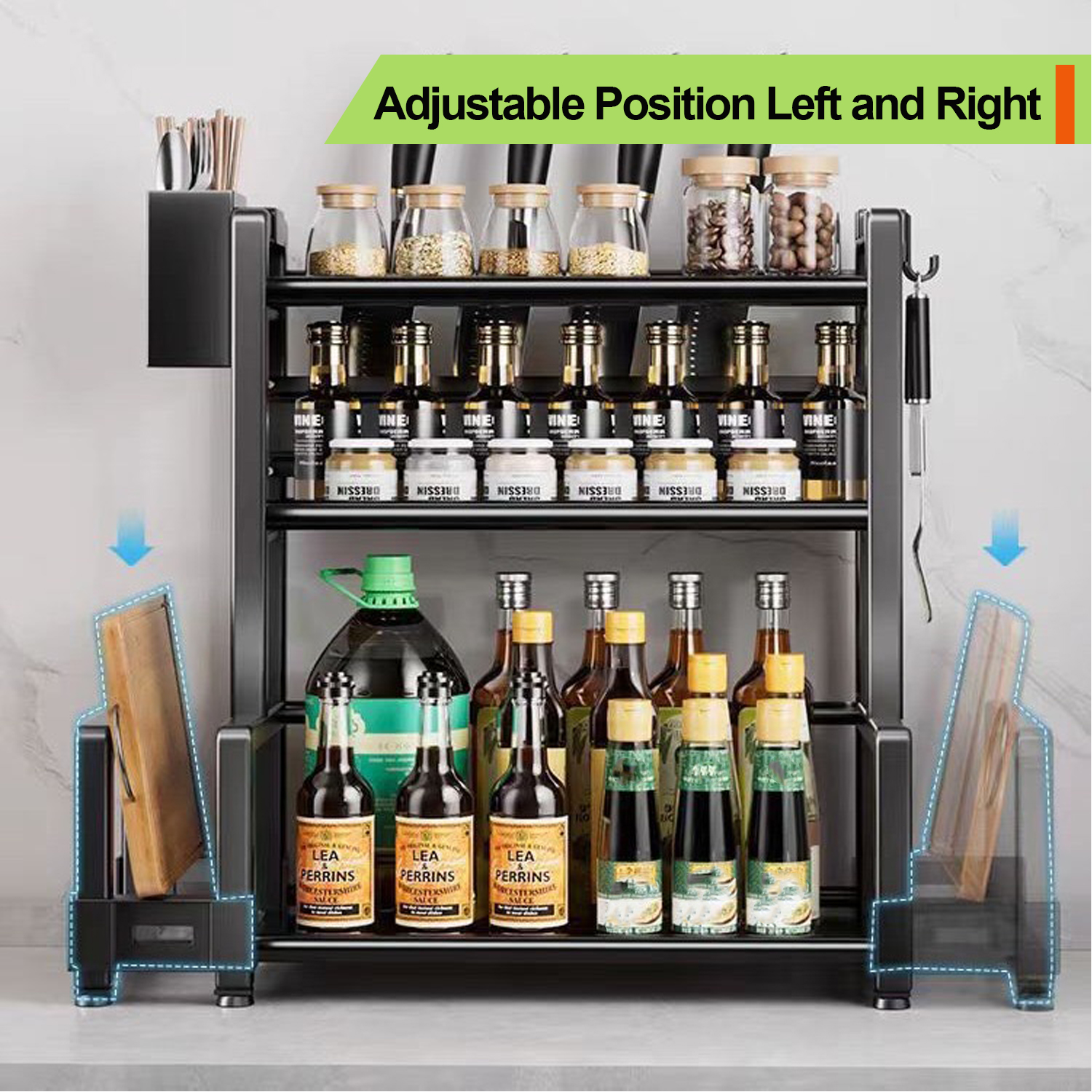 1pc Steel Multi-Tier Kitchen Organizer Rack Set - Space-Saving Countertop Storage With Hangers, Utensil Holder, Cutting Board Rack, Under Sink Shelf