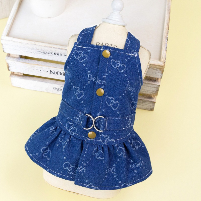 Denim Dog Harness Dresses for Small Dogs Puppy Girl Clothes with Cute Little bear, Heart-shaped Print Summer Cat Apparel with D-Ring Blue Boy Girl Dog