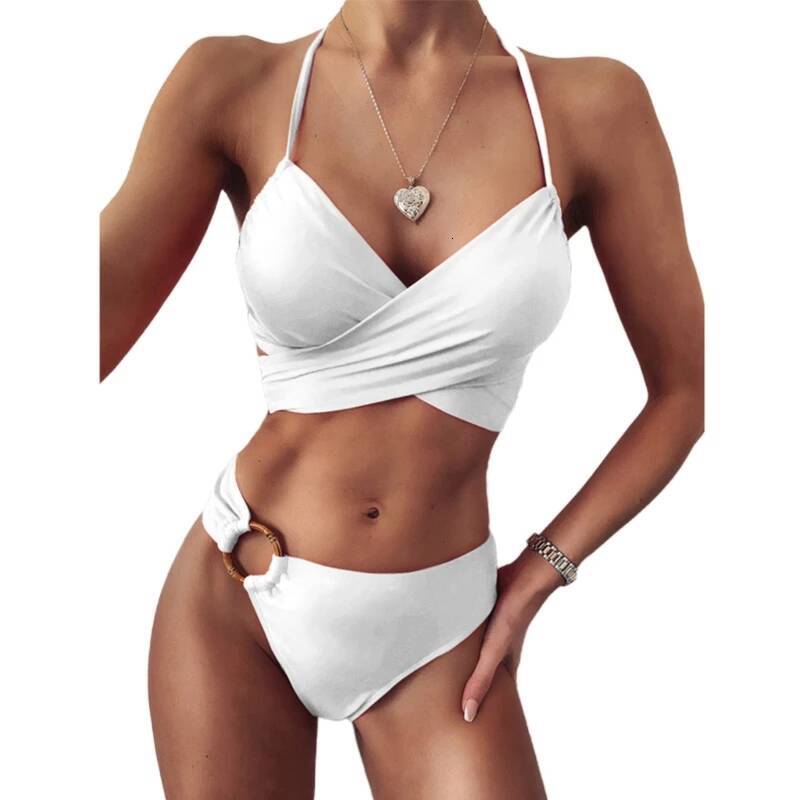 H58D Womens 2 Pieces O-ring Bathing Suit Halter Bikinis Fashion Wrap Cutout Swimsuit