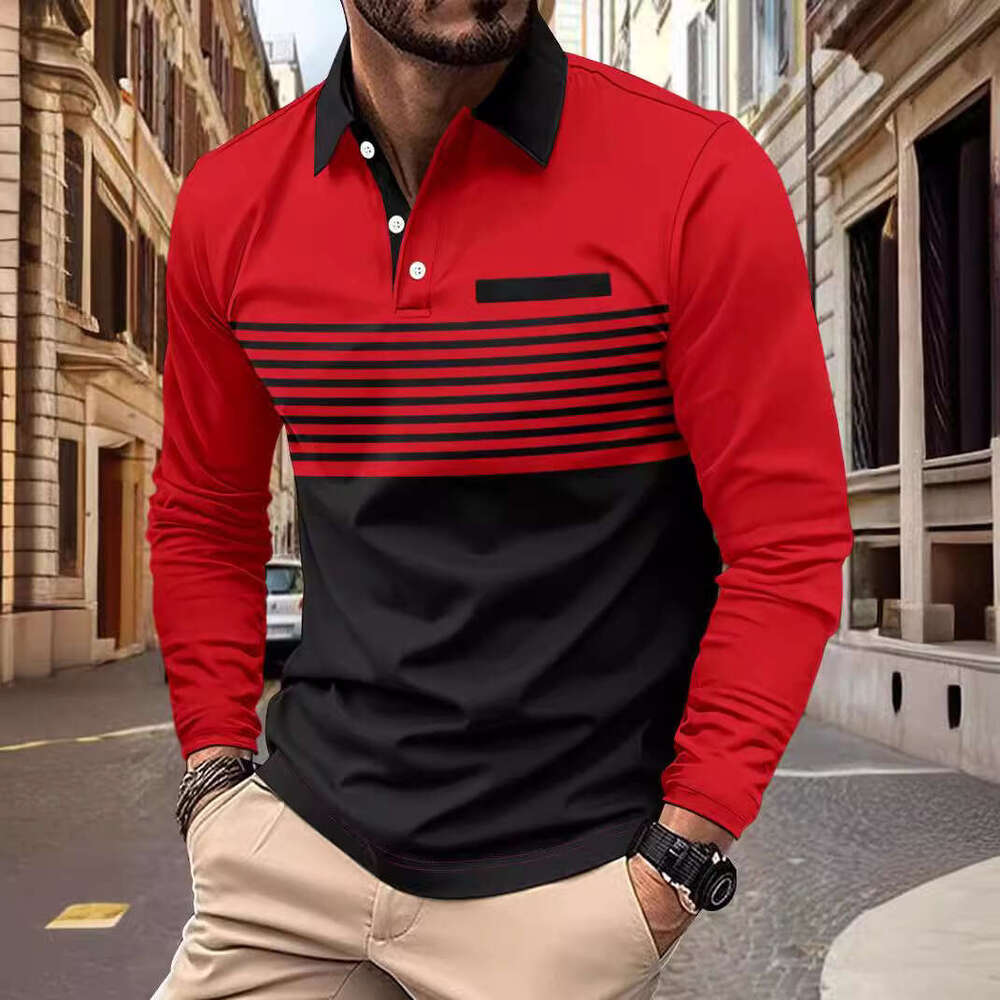 Autumn New Men's T-Shirt Casual Striped Turn-Down Collar Long Sleeve Polo Shirt B5