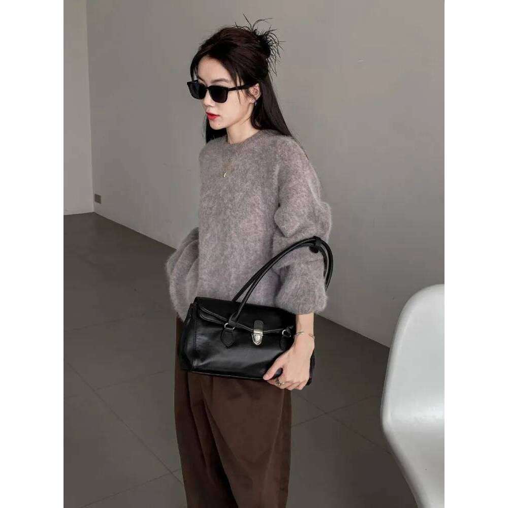 Office Ladies Elegant Work Single Shoulder Hasp Solid Color Genuine Leather Vintage Underarm Bag Casual Women Handbag Totes 2025/06/10