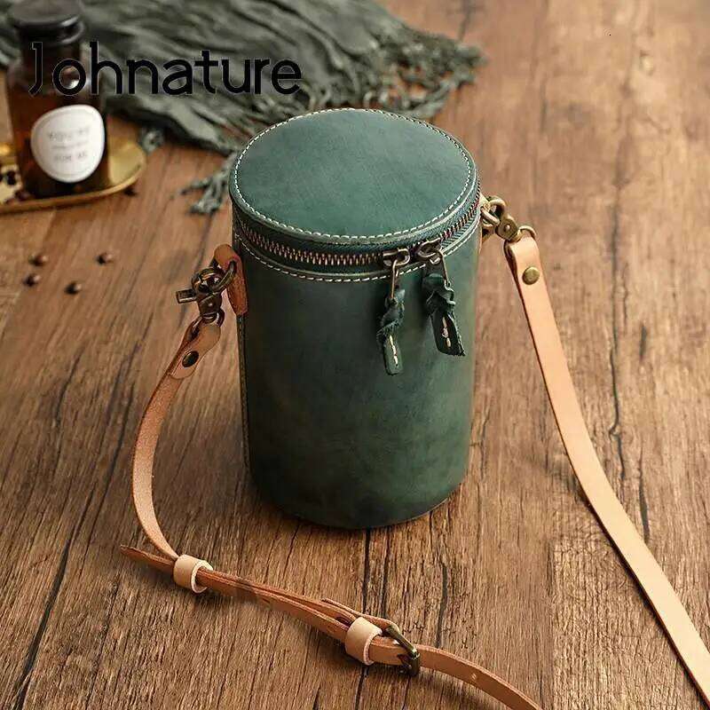 Johnature Simple Solid Color Bag Women 2025 New Genuine Leather Leisure Real Cowhide Barrel-Shaped Shoulder & Crossbody Bags