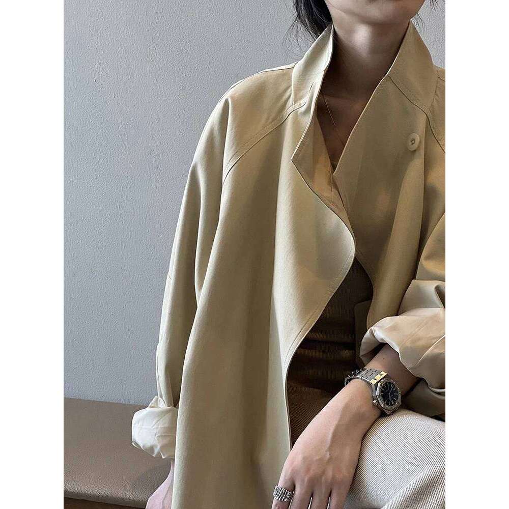 Sleeve Windbreaker Women Vintage Elegant Trench Coat Office Lady Belt Jacket Loose Waist Stand Collar Fashion Long Coats