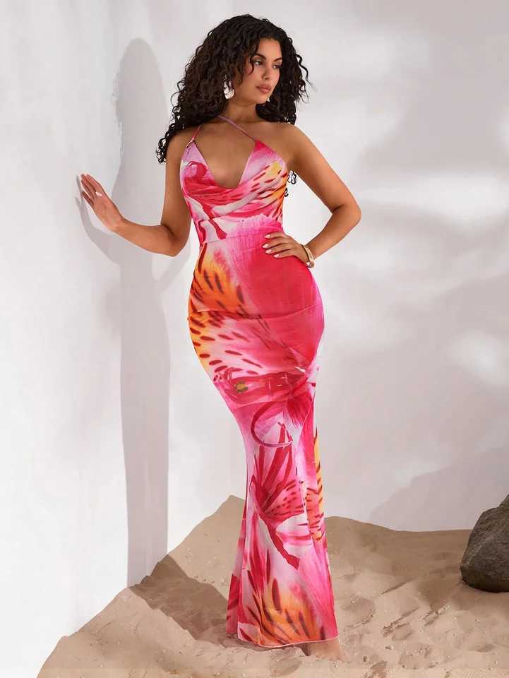 A new spring and summer womens printed sleeveless one-shoulder off-the-neck sexy backless super long dressXJ250610