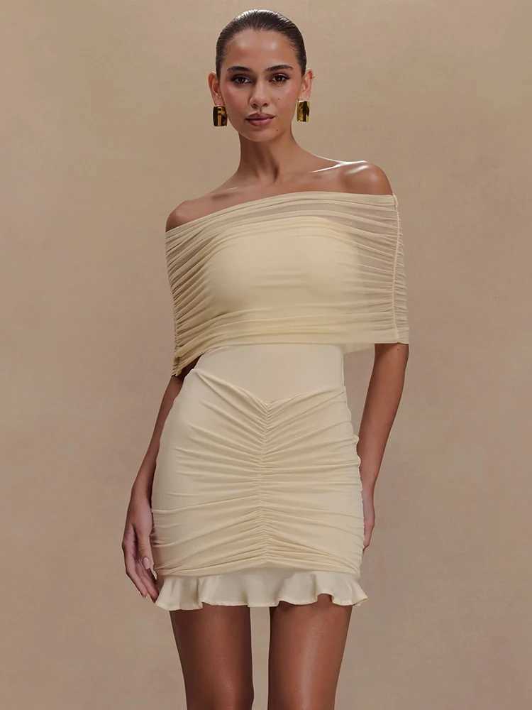 Mozision Mesh Strapless Off-shoulder Sexy Ruffled Mini Dress For Women Fashion Backless High Waist Female Ruched Party Dress XJ250610