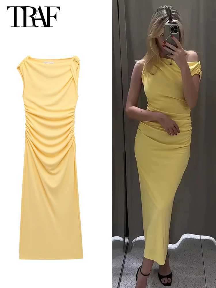 TRAF Yellow Draped Long Dresses for Women Asymmetric Summer Dress Woman 2025 Sleeveless Party Womens Dresses Pleated Beach Dress XJ250610