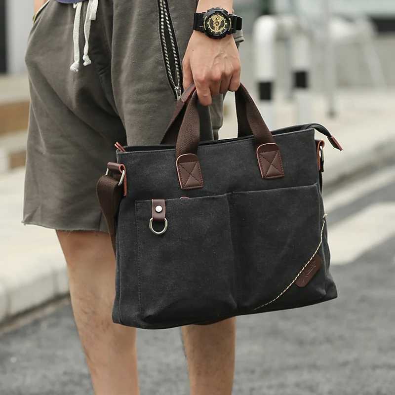 Canvas Men Handbag 14 inch Laptop Briefcase Vintage Solid Color Shoulder Bag Large Capacity Business Retro Messenger Bags W250610