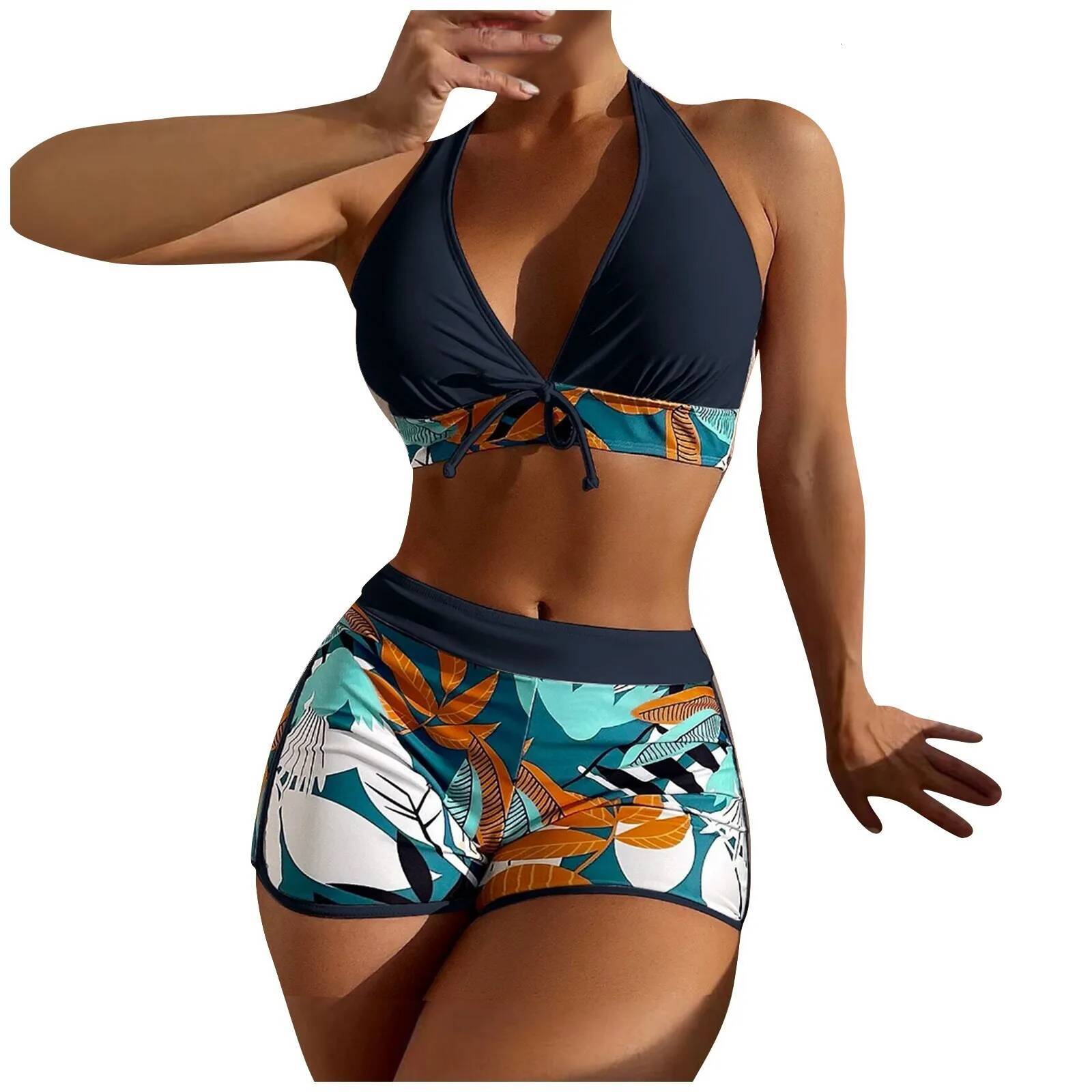 High Waist Bikini Set Paneled Printed Short Retro Fresh Leaf Print Hanging Neck Strap Swimsuit Two Piece Beachwear