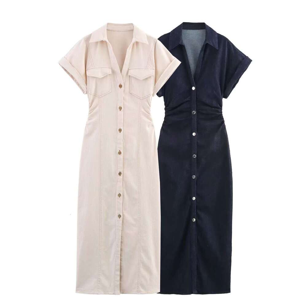 Spring New Style Denim Waist-Cinching Ruched Short-Sleeve Dress2284576 B5