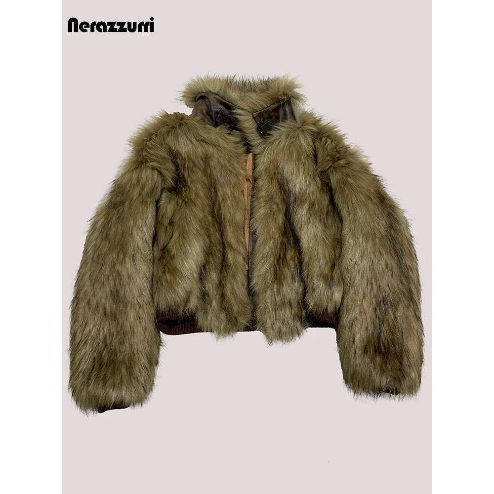 Nerazzurri Winter Cool Short Warm Thick Hairy Shaggy Faux Fur Coat Women Zipper Chic Designer Clothes Fluffy Jacket 2025