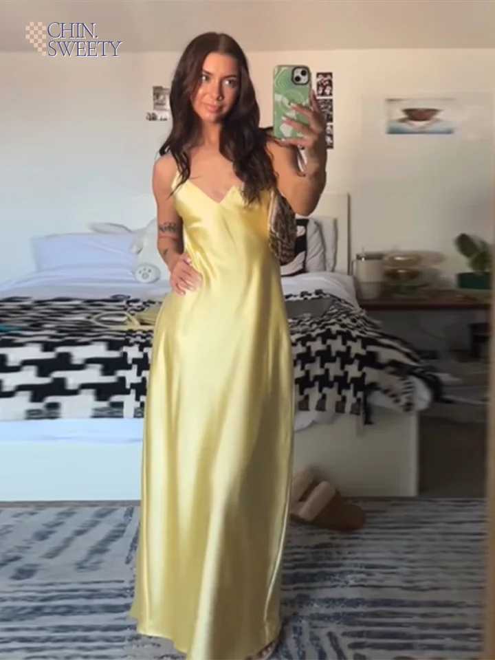 Chic Women Summer New Yellow Stain V Neck Sling Dress Elegant Sleeveless Loose Maxi Robes 2025 New Ladies Party Holiday Dresses XJ250610