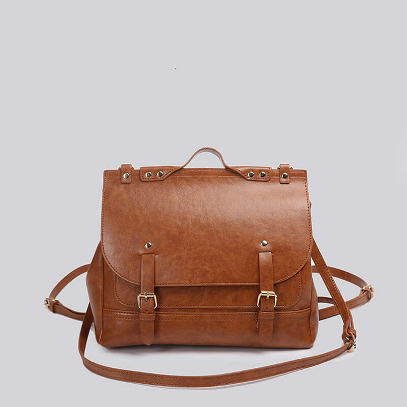 Artistic College Style Backpack Oil Wax Leather Texture Large Capacity Simple Commuter Crossbody Messenger Bag
