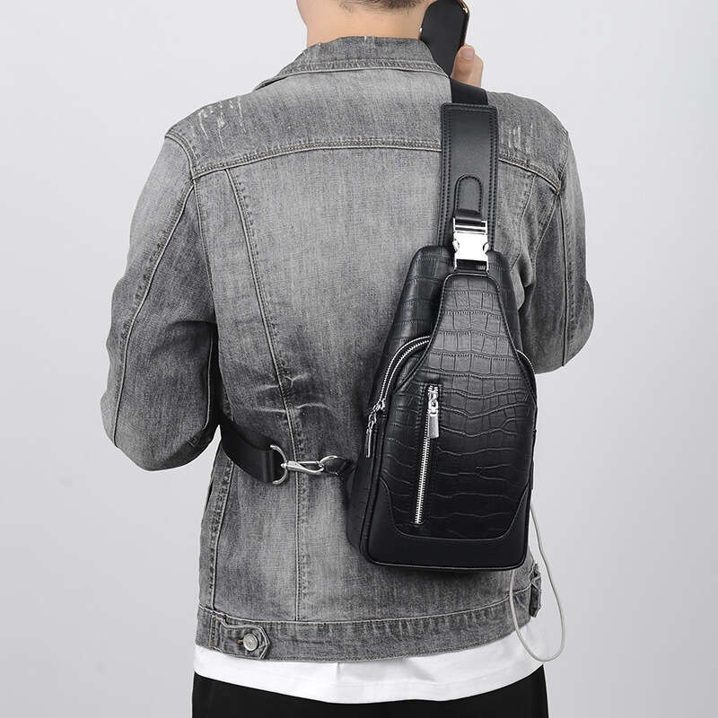 TAURUSCIAGA Men's Genuine Leather Chest USB Charging Crossbody Bag Multifunctional Cowhide Business Crocodile Pattern Front Backpack for Men