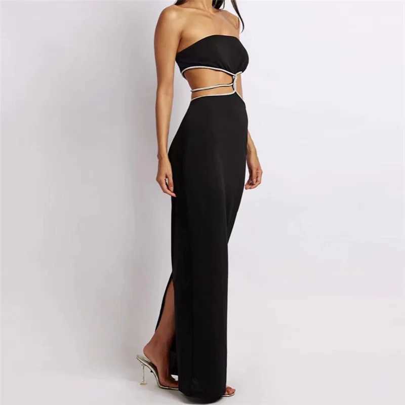 Puloru Black Off Shoulder Party Tube Top Dress Elegant Retro Sleeveless Strapless Hollow Out Backless Split Wrap Dress Vestidos XJ250610