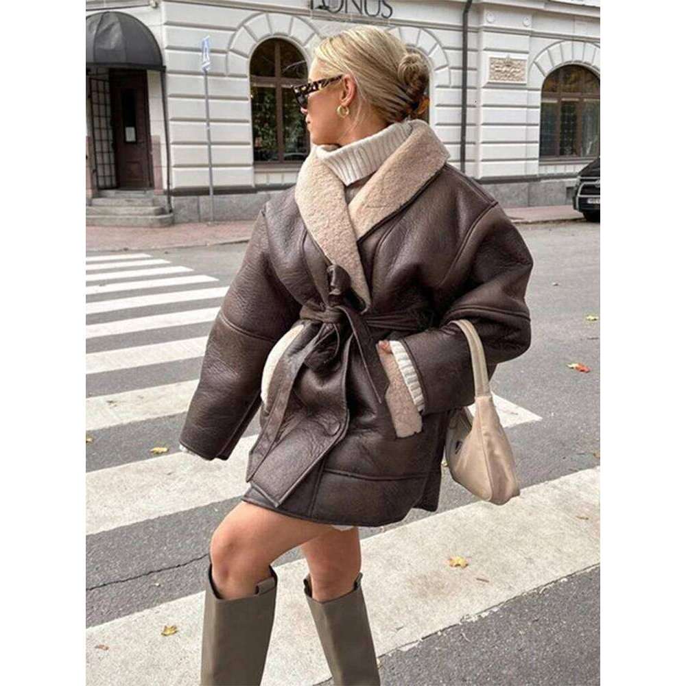 Vintage Women's Faux Wool Leather Coat with Belt Loose Lapel Pocket Long Sleeve Female Overcoat Autumn Winter Lady Warm Coats