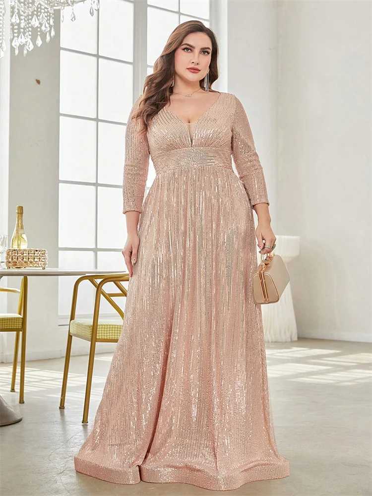 Plus Size Luxury V-Neck Long Sleeves Sequins Evening Dress For Women 2024 Wedding Party Prom Maxi Cocktail Bridesmaid Gowns XJ250610