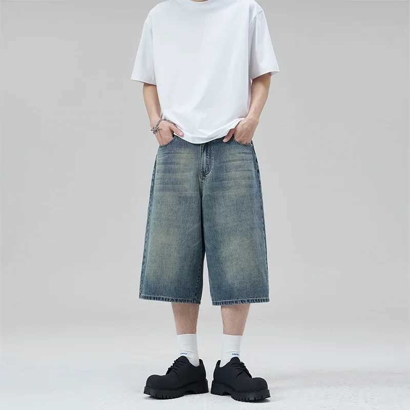2025 Summer American Lightning Crack Denim Cropped Pants Mens Straight Loose Wide-leg Shorts Street Baggy Casual Pants M250610